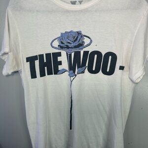 White THE WOO Short-Sleeve Graphic Tee with Blue Rose